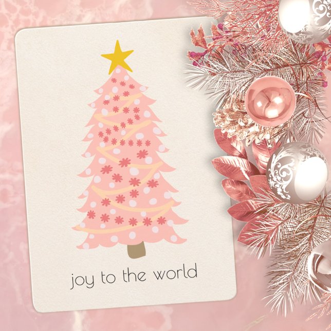 Joy To The World Pink Tree Add Name Flat Xmas Card (Creator Uploaded)
