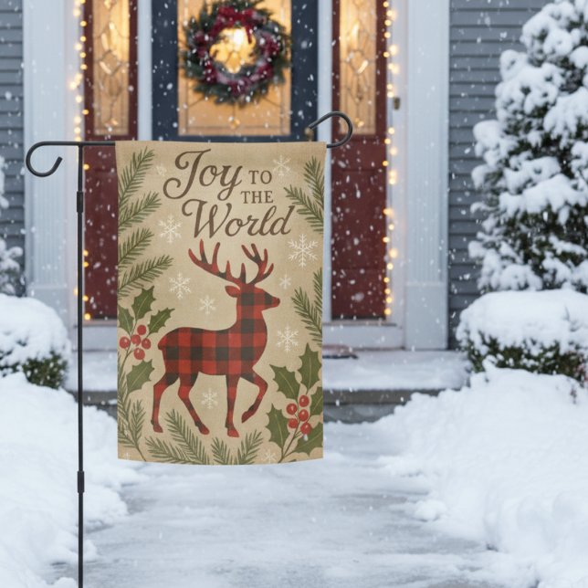  Joy to the World Plaid Reindeer Christmas Garden Flag (Plaid reindeer Christmas garden flag)