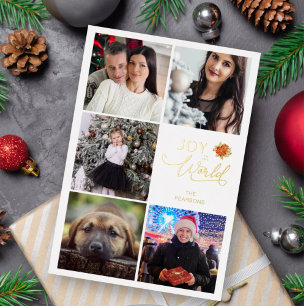 Joy To the World Poinsettias Collage 5 Photos  Foil Invitation