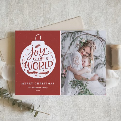 Joy To The World Quote Red Photo Merry Christmas Holiday Card