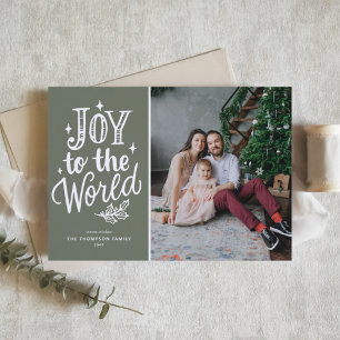 Joy to the World Quote Rustic Taupe Green Photo Holiday Card