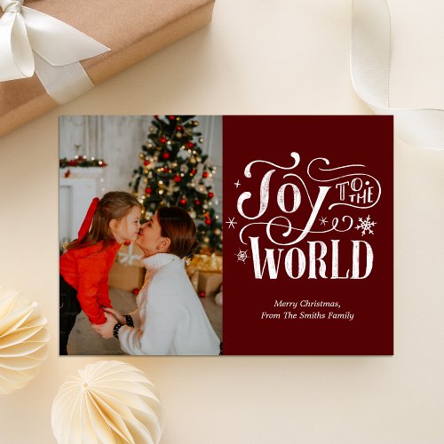 Joy to the World Red Calligraphy Photo Modern Holiday Card