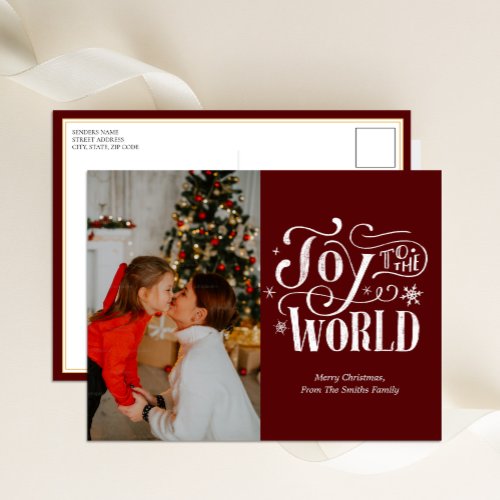 Joy to the World Red Calligraphy Photo Modern Holiday Postcard