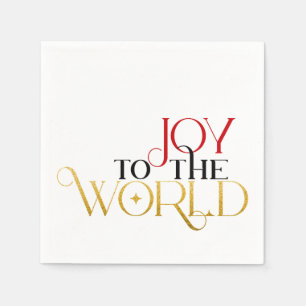 Joy To The World Red Gold Black Script Typography Napkins