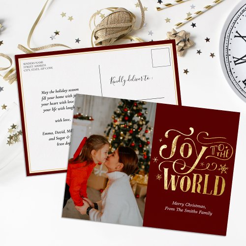 Joy to the World Red Gold Calligraphy Photo Modern Foil Holiday Postcard