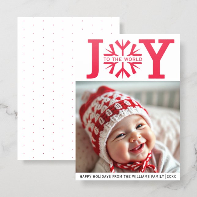Joy to the world red snowflake Christmas holiday Letterpress Photo Cards (Front/Back)