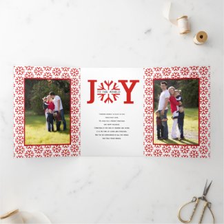 Joy to the world red snowflake Christmas Tri-Fold Holiday Card
