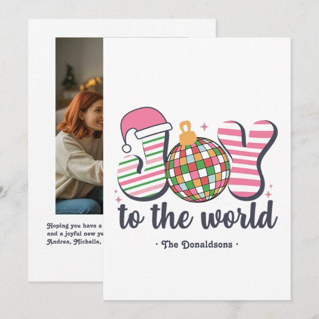 "Joy to the World" Retro Disco Ball Photo Holiday Card (Front/Back)