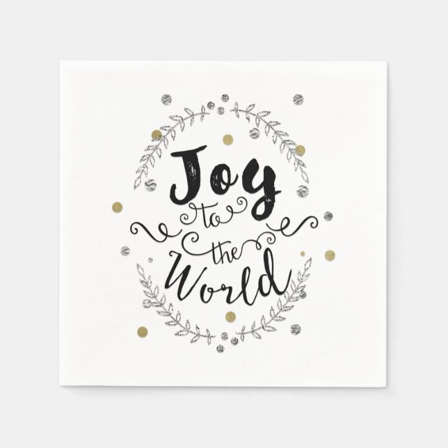 Joy to the World Rustic Silver Gold Holiday Party Paper Napkins (Front)