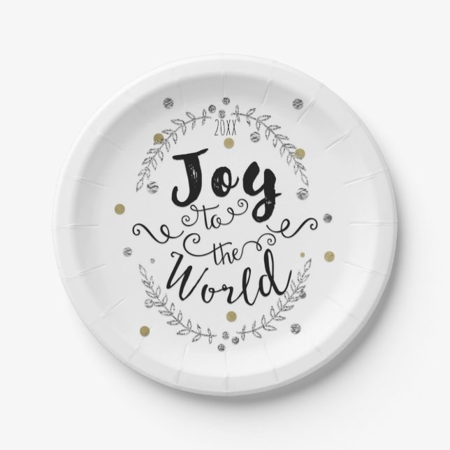 Joy to the World Rustic Silver Gold Holiday Party Paper Plates (Front)