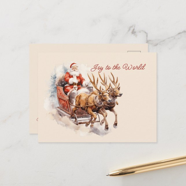 Joy to the World Santa Sleigh Reindeer Rushing Postcard (Front/Back In Situ)