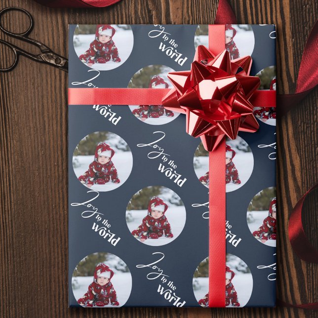 Joy to the World Script Round Photos Blue Wrapping Paper (Creator Uploaded)