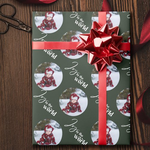 Joy to the World Script Round Photos Green Wrapping Paper