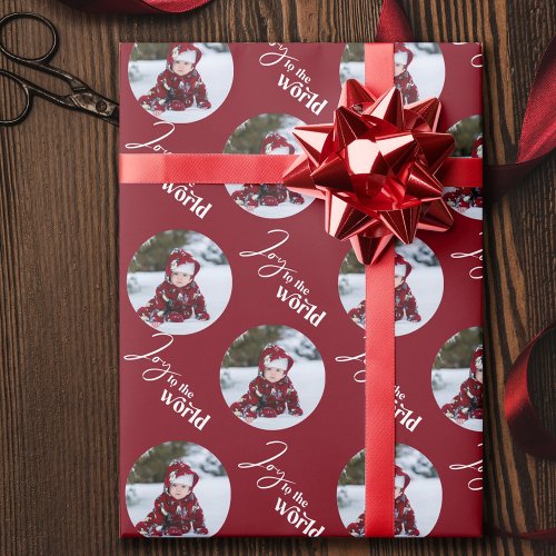 Joy to the World Script Typography Round Photo Red Wrapping Paper