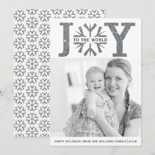 Joy to the world  silver gray snowflake Christmas Holiday Card