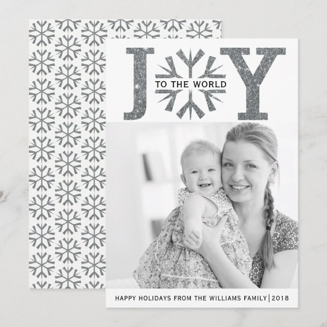 Joy to the world  silver gray snowflake Christmas Holiday Card (Front/Back)