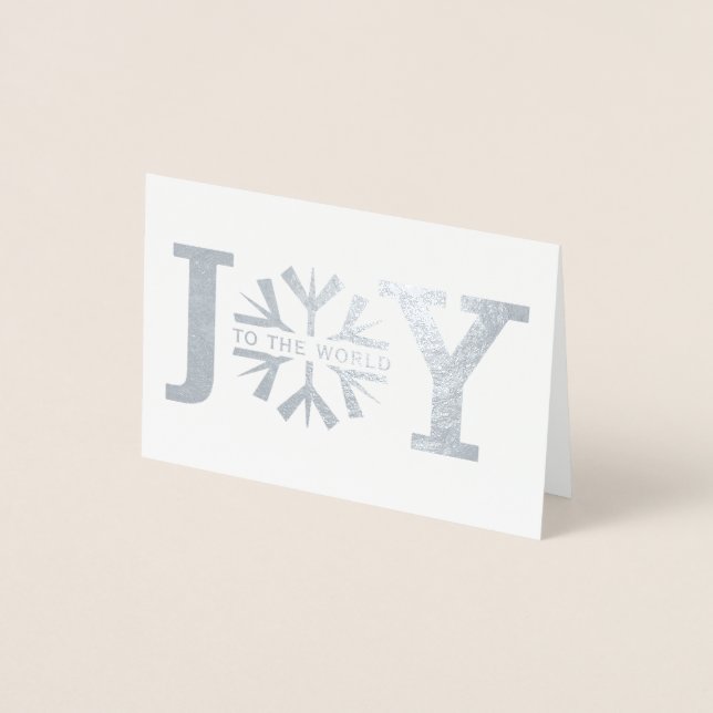 Joy to the world snowflake modern Christmas silver Foil Card (Front)