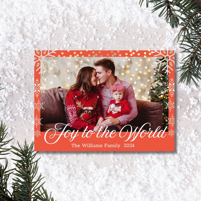 joy to the world, snowflakes sparkles red photo holiday card (Creator Uploaded)