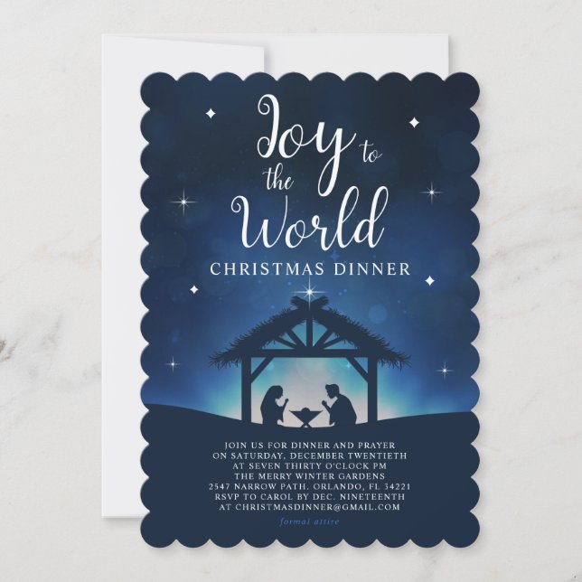 Joy to the World Starry Nativity Christmas Dinner Invitation (Front)