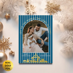 Joy To The World Teal Nativity Christmas Photo Foil Holiday Card