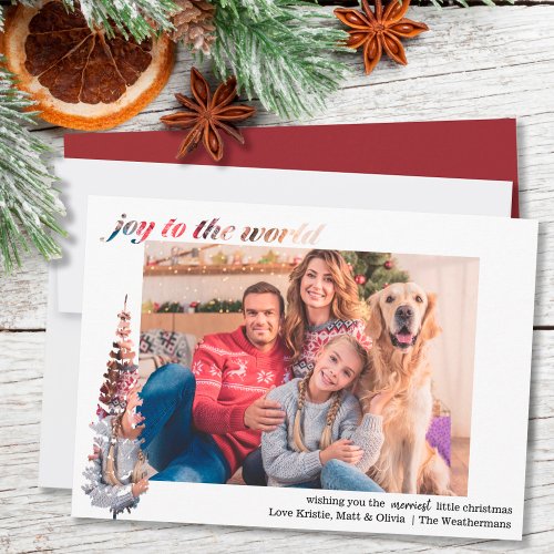 Joy to the World Typography and Fir Tree Montage Holiday Card