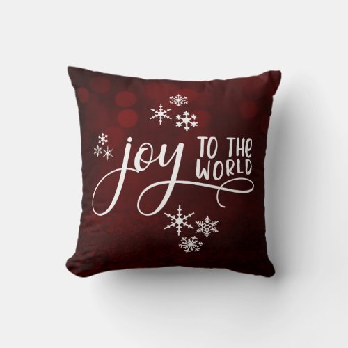 Joy to the World Typography and Snowflakes Throw Pillow