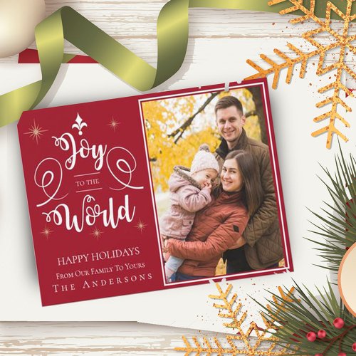 Joy To The World Typography Red Family Photo Holiday Card