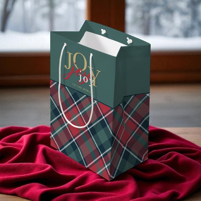 Joy to the World Typography Rustic Plaid Medium Gift Bag (Creator Uploaded)
