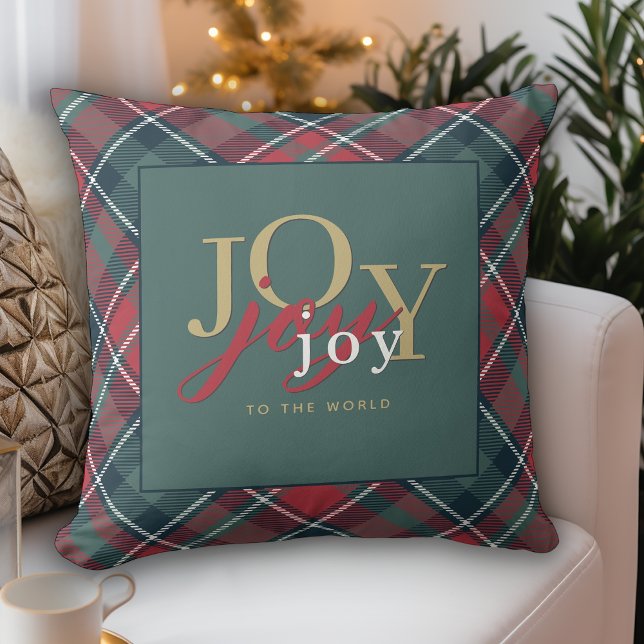 Joy to the World Typography Rustic Plaid Throw Pillow (Creator Uploaded)