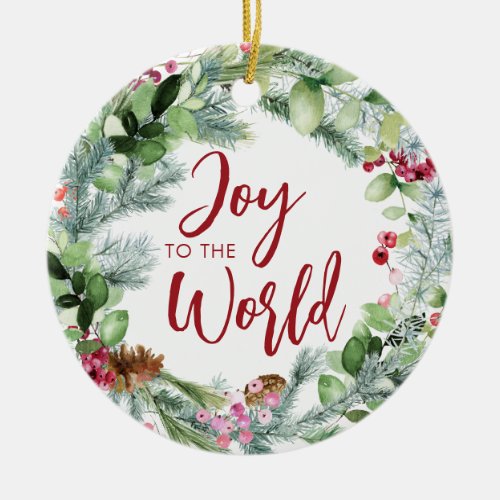 Joy to the World Watercolor Winter Wreath Ceramic Ornament
