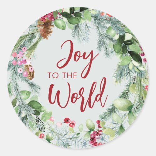 Joy to the World Watercolor Winter Wreath Classic Round Sticker