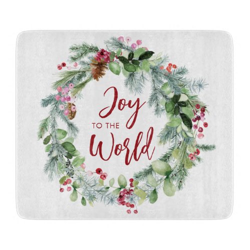 Joy to the World Watercolor Winter Wreath Cutting Board