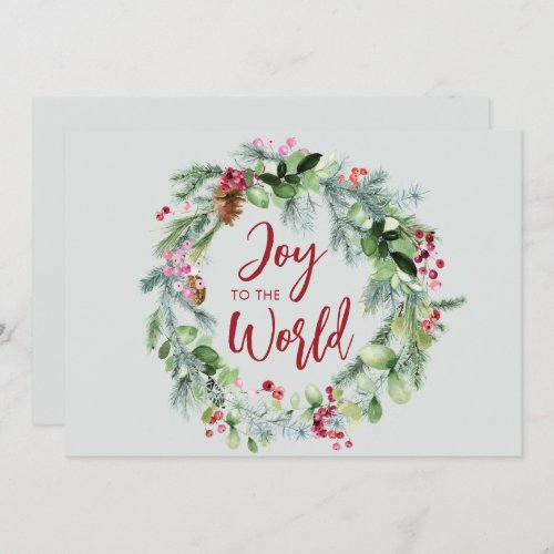 Joy to the World Watercolor Winter Wreath Holiday Card