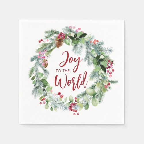 Joy to the World Watercolor Winter Wreath Napkins