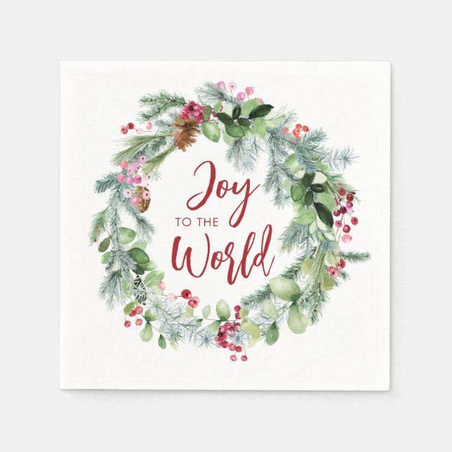 Joy to the World Watercolor Winter Wreath Napkins (Front)