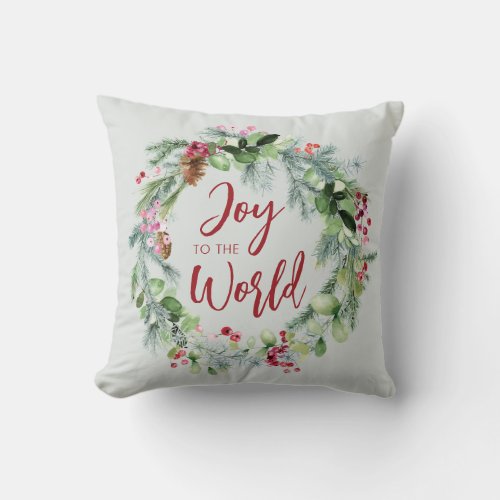 Joy to the World Watercolor Winter Wreath Throw Pillow