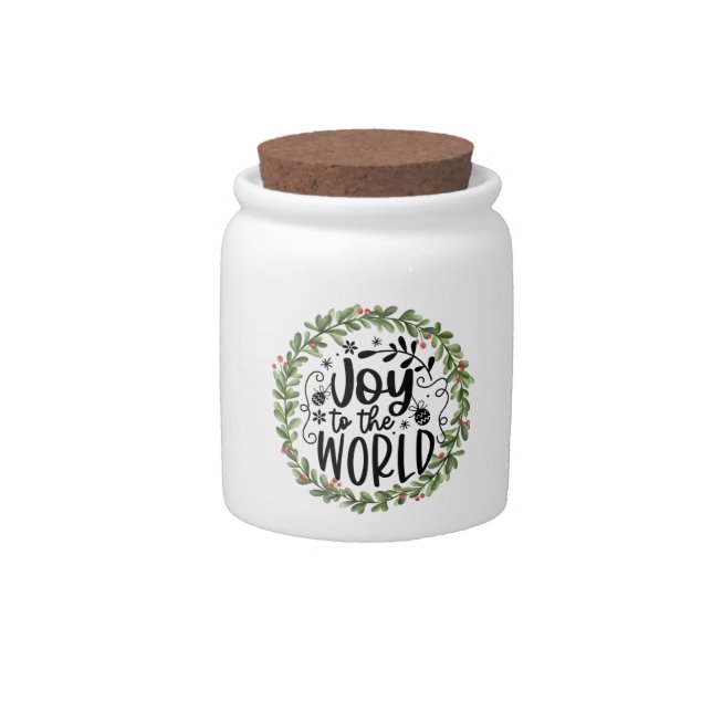 Joy to the World Watercolor Wreath Candy Jar (Front)