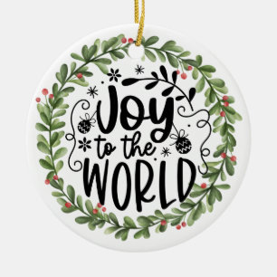 Joy to the World Watercolor Wreath Ceramic Ornament