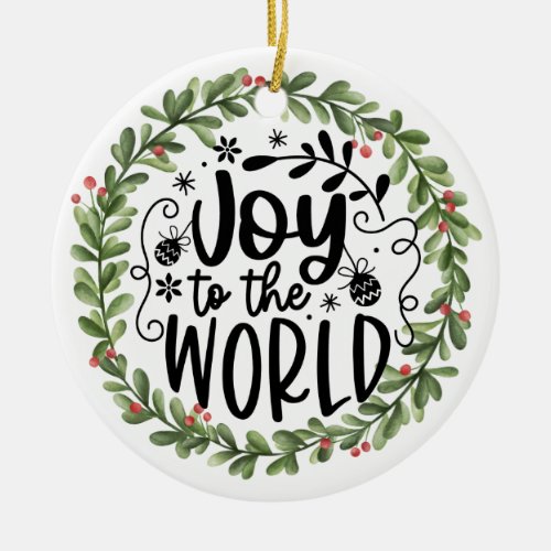 Joy to the World Watercolor Wreath Ceramic Ornament