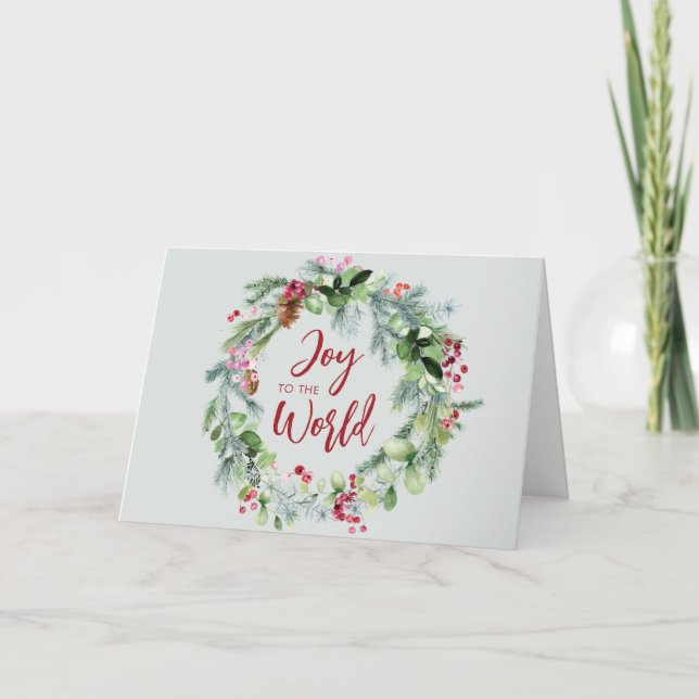 Joy to The World Watercolor Wreath Christmas Card (Front)