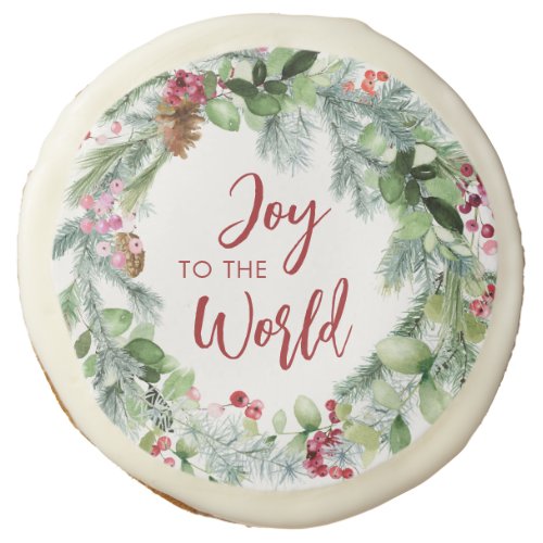 Joy to The World Watercolor Wreath Christmas Sugar Cookie