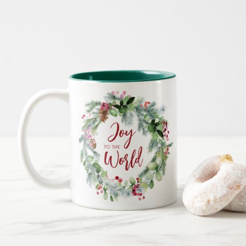 Joy to The World Watercolor Wreath Christmas Two_Tone Coffee Mug