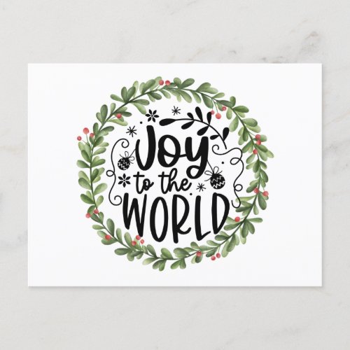 Joy to the World Watercolor Wreath Holiday Postcard