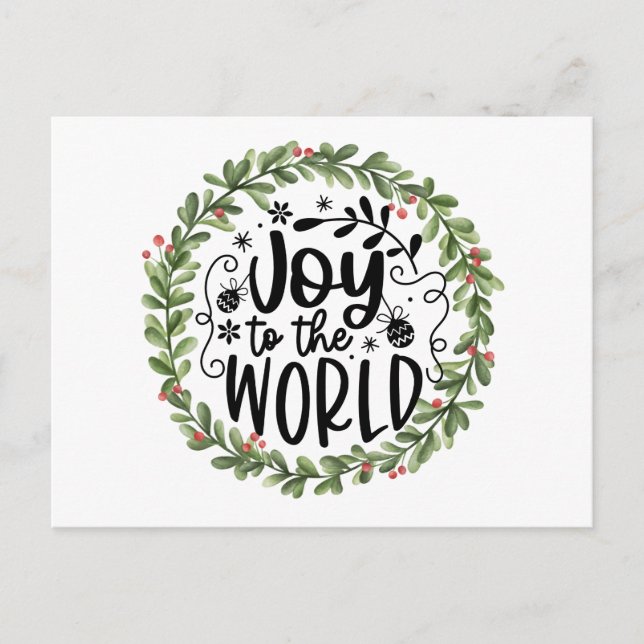 Joy to the World Watercolor Wreath Holiday Postcard (Front)