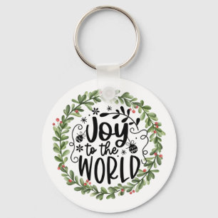 Joy to the World Watercolor Wreath Keychain