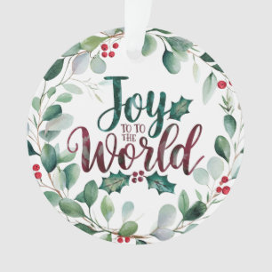 Joy to the World with Watercolor Christmas Wreath Ornament