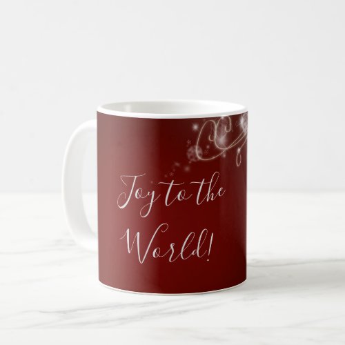 Joy to the World with White Snowflakes on Red Coffee Mug