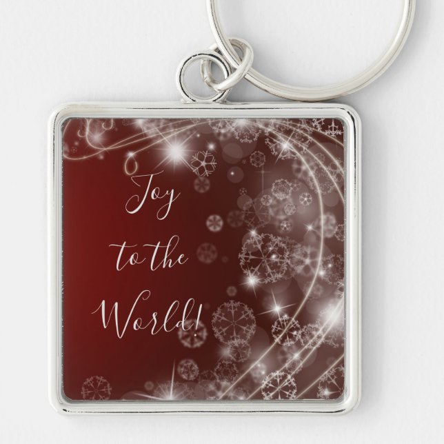 Joy to the World with White Snowflakes on Red Keychain (Front)