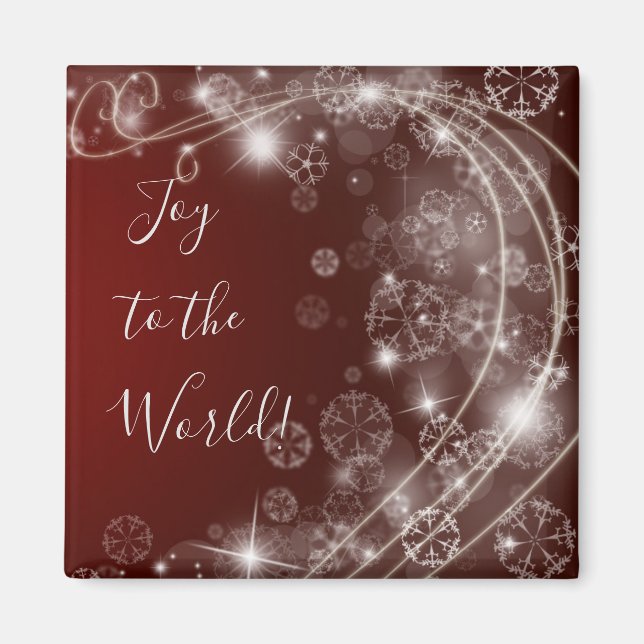 Joy to the World with White Snowflakes on Red Magnet (Front)