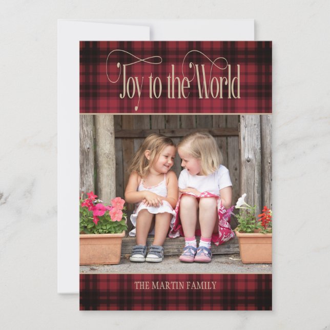 Joy to World Christmas Red Black Buffalo Plaid Holiday Card (Front)